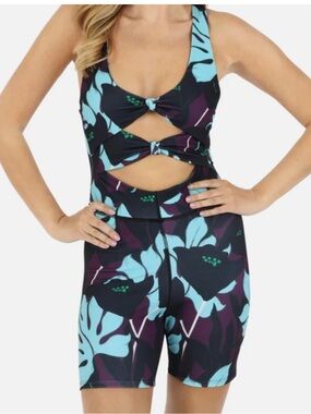 Lezat Cut Out Onesie Romper Blue & Purple Floral Athletic Sporty Size XL NWT